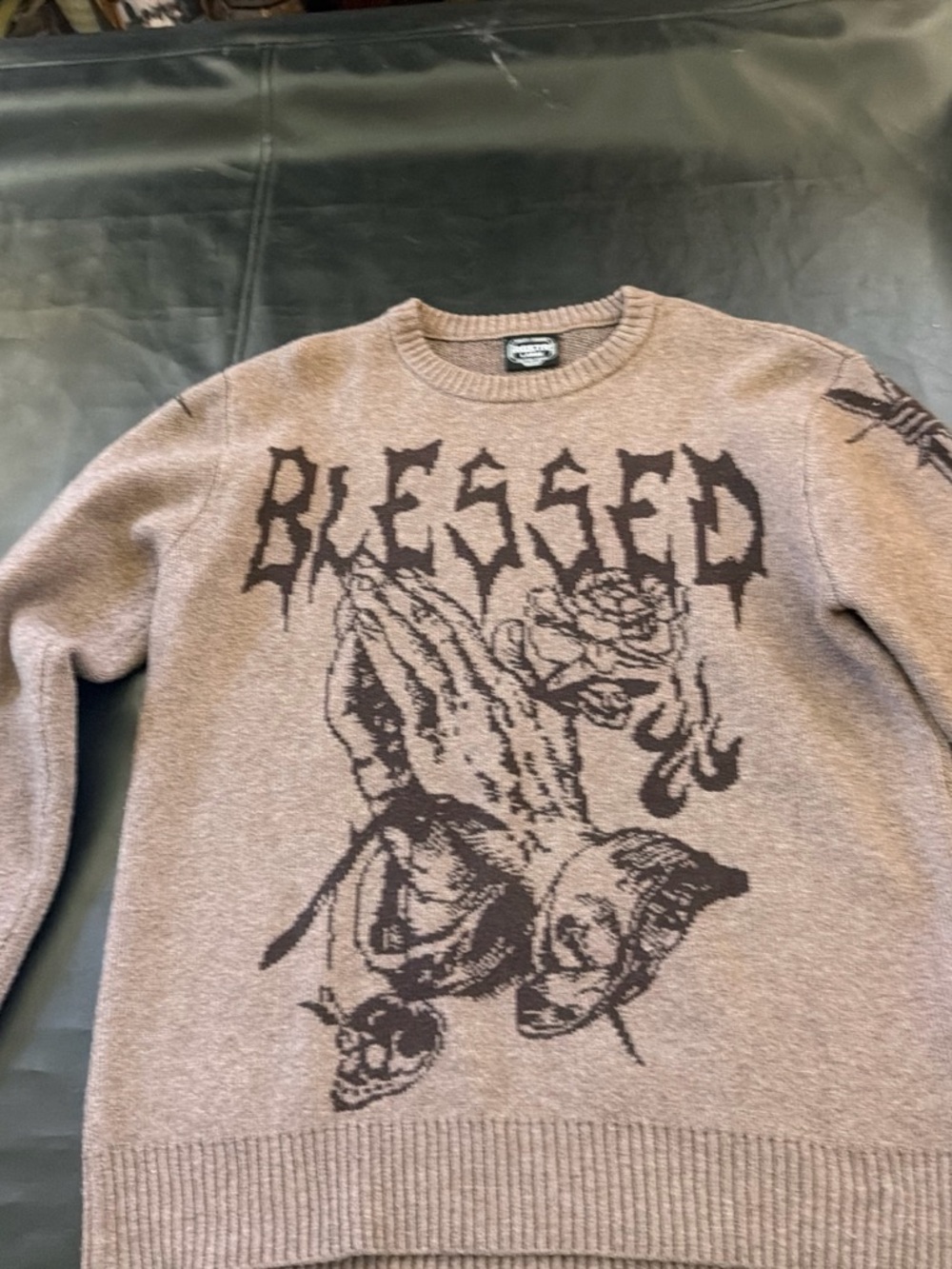 Crewneck Sweater with 'Blessed' Graphic - Brown